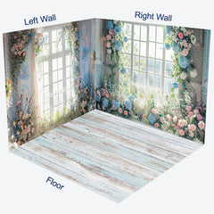 Lofaris White Window Blue Pink Floral Room Set Backdrop