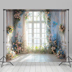 Lofaris White Window Blue Pink Floral Room Set Backdrop