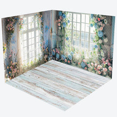 Lofaris White Window Blue Pink Floral Room Set Backdrop