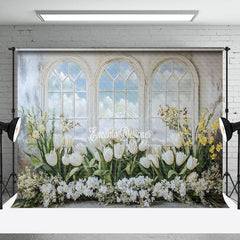 Lofaris White Window Mural Floral Greenry Spring Backdrop