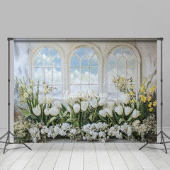 Lofaris White Window Mural Floral Greenry Spring Backdrop