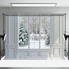 Lofaris White Window Snowy Forest Cabin Scene Photo Backdrop