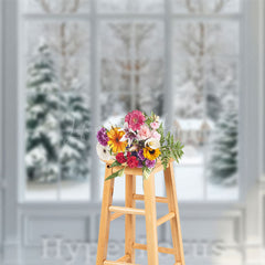 Lofaris White Window Snowy Forest Cabin Scene Photo Backdrop