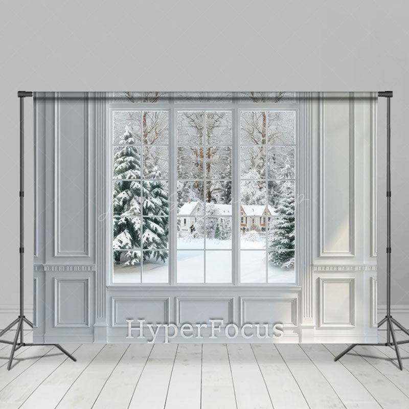 Lofaris White Window Snowy Forest Cabin Scene Photo Backdrop