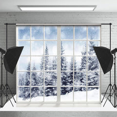 Lofaris White Window Snowy Forest Christmas Room Set Backdrop