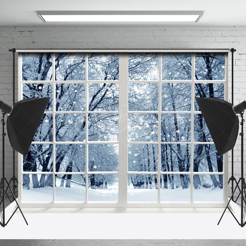 Lofaris White Window Snowy Forest Winter Scenery Backdrop