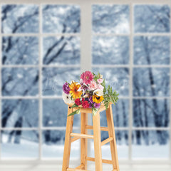 Lofaris White Window Snowy Forest Winter Scenery Backdrop