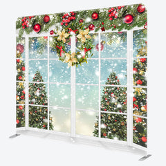 Lofaris White Window Snowy Tree Holiday Double-Sided Backdrop