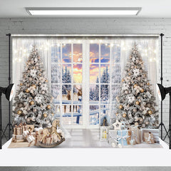 Lofaris White Window Sunset Tree Elk Snow Christmas Backdrop