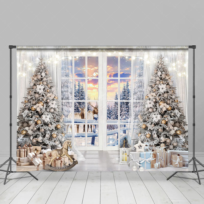 Lofaris White Window Sunset Tree Elk Snow Christmas Backdrop