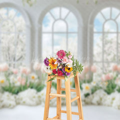 Lofaris White Window Trees Pink Floral Spring Photo Backdrop