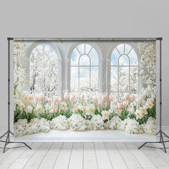 Lofaris White Window Trees Pink Floral Spring Photo Backdrop