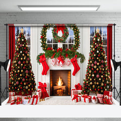 Lofaris White Window Wreath Fireplace Christmas Backdrop