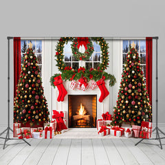 Lofaris White Window Wreath Fireplace Christmas Backdrop