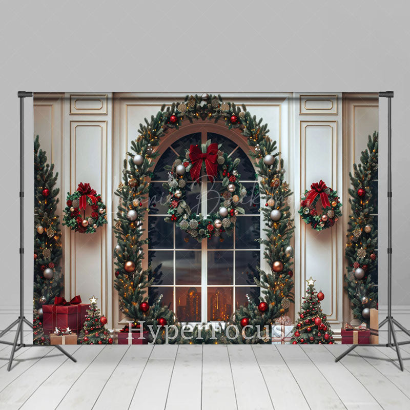 Lofaris White Window Wreath Gifts Trees Christmas Backdrop