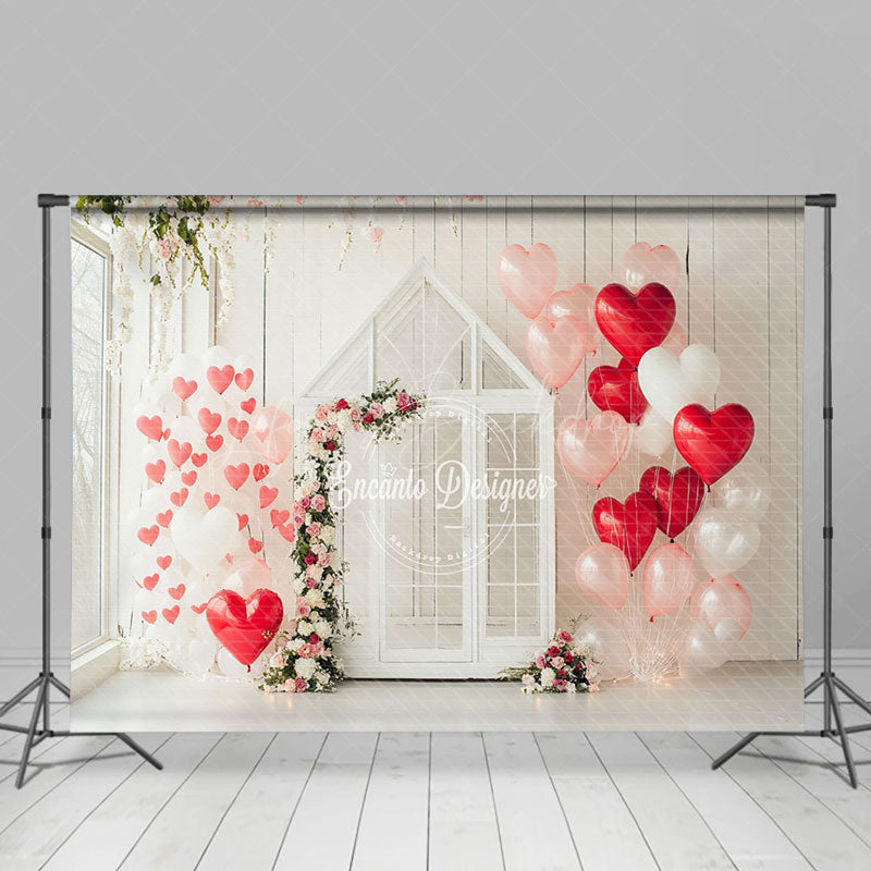 Lofaris White Wood Wall House Red Balloons Floral Backdrop