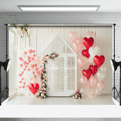 Lofaris White Wood Wall House Red Balloons Floral Backdrop