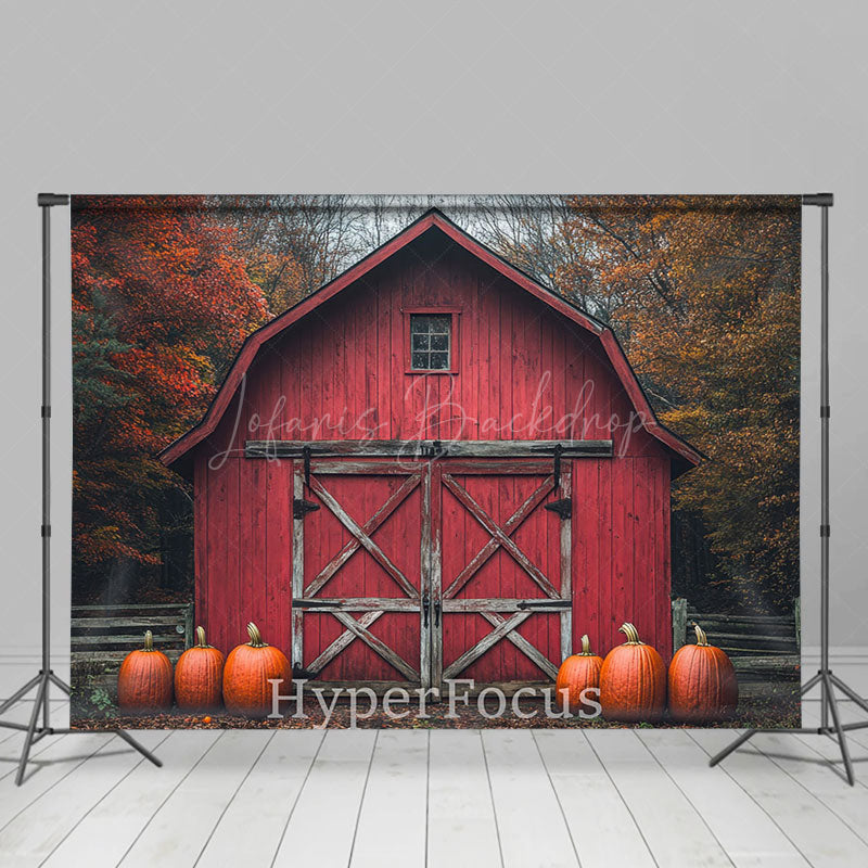 Lofaris Wild Forest Retro Red Barn Pumpkin Autumn Backdrop