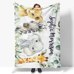 Lofaris Wild Jungle Leaf Safari Animals Custom Name Blanket