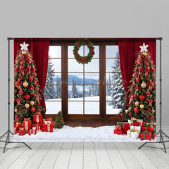 Lofaris Window Outside Snowy Scene Wreath Christmas Backdrop