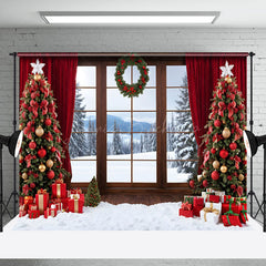 Lofaris Window Outside Snowy Scene Wreath Christmas Backdrop