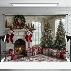 Lofaris Window Retro White Room Fireplace Christmas Backdrop