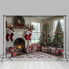 Lofaris Window Retro White Room Fireplace Christmas Backdrop