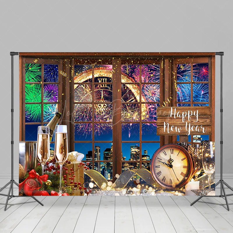 Lofaris Window Scene Gold Happy New Year Party Backdrop