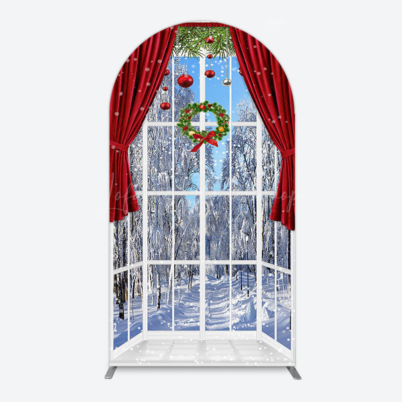 Lofaris Window Snowy Forest Scene Christmas Arch Backdrop