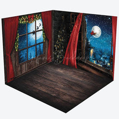 Lofaris Window Snowy Moon Night Christmas Room Set Backdrop