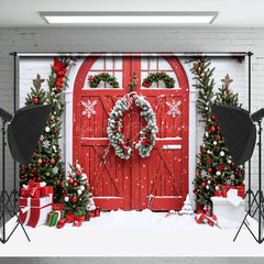 Lofaris Winter Brick Wall Wreath Red Door Christmas Backdrop