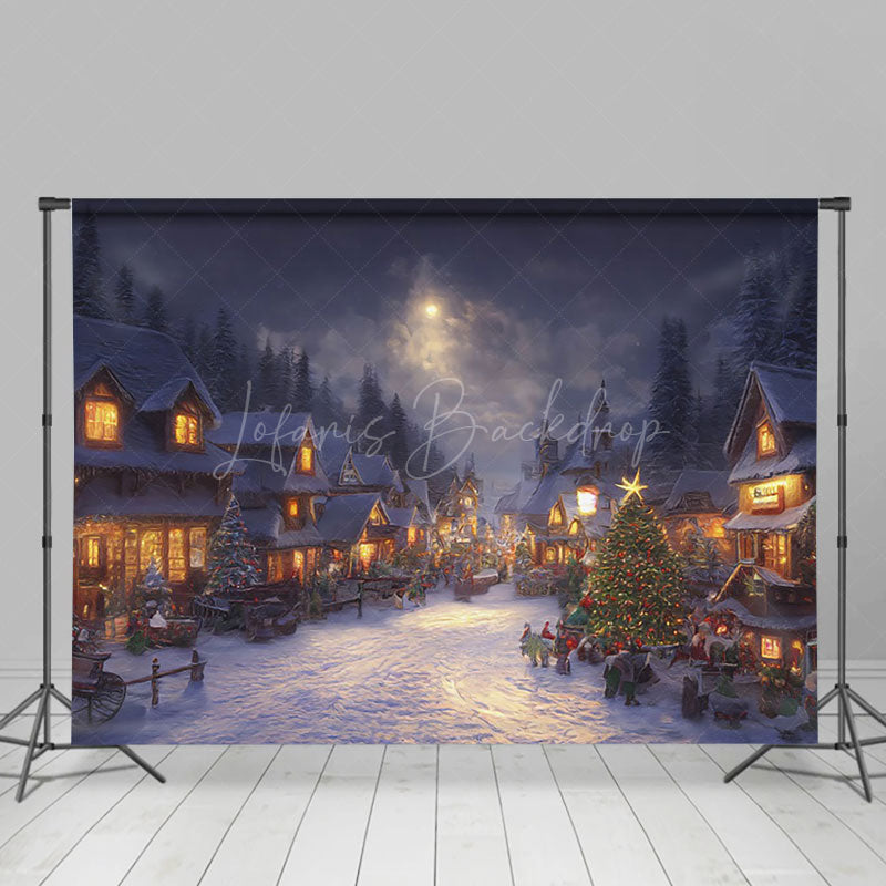 Lofaris Winter Dark Moon Night Town Snowy Christmas Backdrop