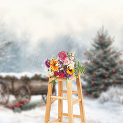 Lofaris Winter Heavy Snowy Wooden Cart Christmas Backdrop