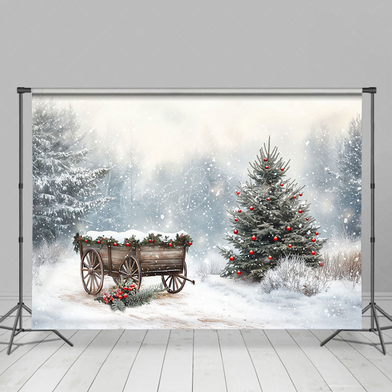 Lofaris Winter Heavy Snowy Wooden Cart Christmas Backdrop