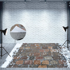 Lofaris Winter Melting Snow Road Brick Fabric Floor Backdrop