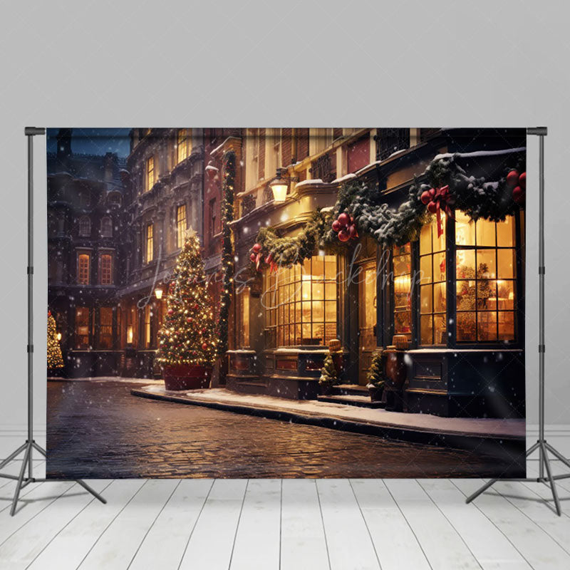 Lofaris Winter Night City Street Festive Light Snow Backdrop