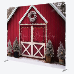 Lofaris Winter Red Barn Door Christmas Tension Fabric Backdrop