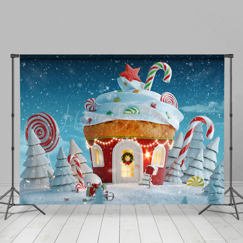 Lofaris Winter Snowy Field Cupcake House Christmas Backdrop