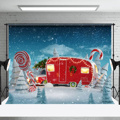 Lofaris Winter Snowy Field Red Bus House Christmas Backdrop