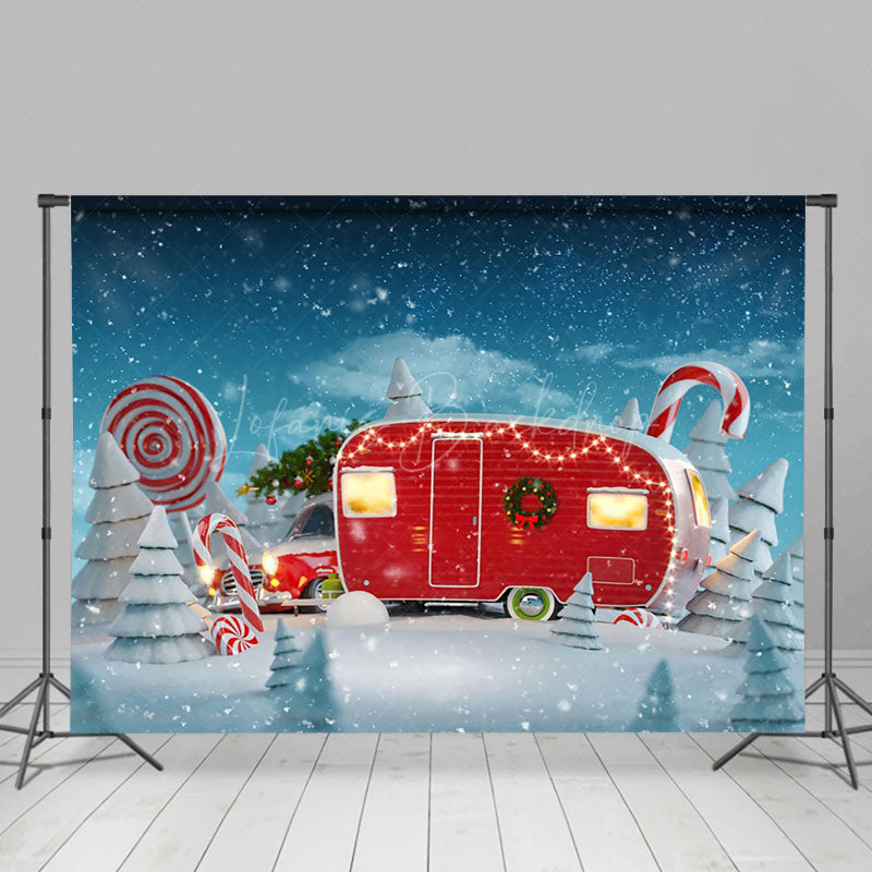 Lofaris Winter Snowy Field Red Bus House Christmas Backdrop