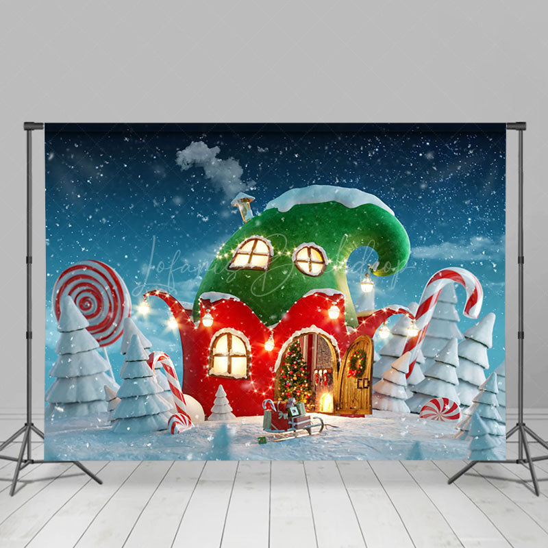 Lofaris Winter Snowy Field Red Green House Christmas Backdrop