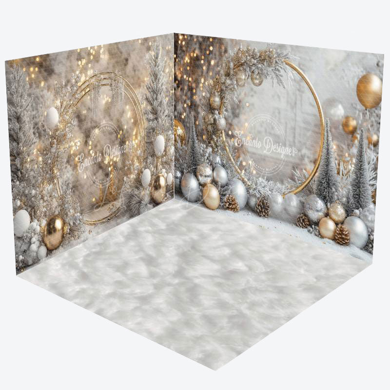 Lofaris Winter Snowy Gold Light Christmas Room Set Backdrop