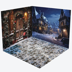 Lofaris Winter Snowy Night Town Christmas Room Set Backdrop