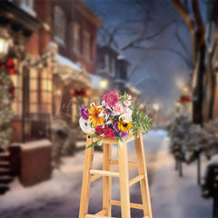 Lofaris Winter Snowy Street Festive Lights Cozy Backdrop