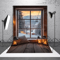 Lofaris Winter Snowy Wooden Window Floor Scenery Backdrop