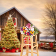 Lofaris Winter Sunset Barn Xmas Trees Christmas Backdrop