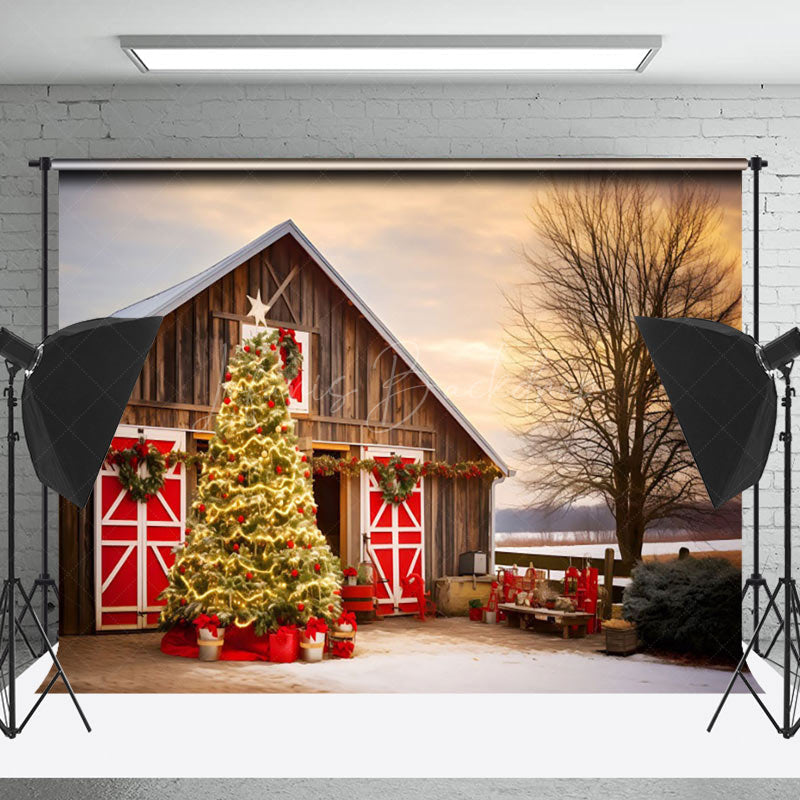 Lofaris Winter Sunset Barn Xmas Trees Christmas Backdrop