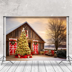 Lofaris Winter Sunset Barn Xmas Trees Christmas Backdrop