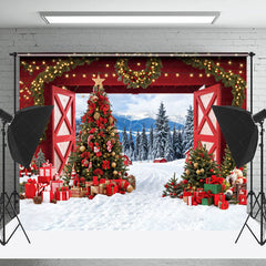 Lofaris Winter Wild Field Red Gate Trees Christmas Backdrop