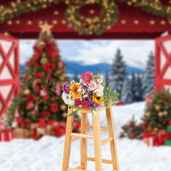 Lofaris Winter Wild Field Red Gate Trees Christmas Backdrop